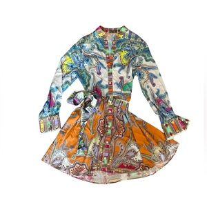 Mucho Gusto Euro Boho maximalist colorful print Fit & Flare Mini Dress Tie Waist